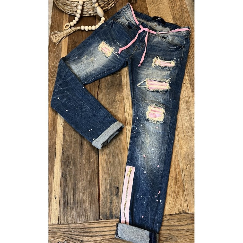 FOCUS Ripped Paint Splatter Distressed Jeans Denim Pink Zipper 30W x 32L Women's